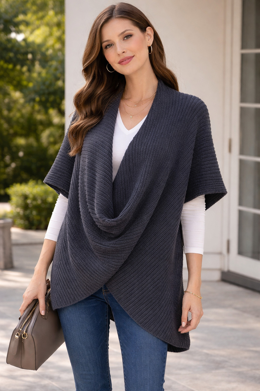 Anthropologie Womens Relaxed Fit Gray Wool Blend Criss-Cross Pancho Sweater OS